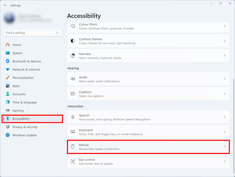 Open the Accessibility settings and click Mouse in the column on the right